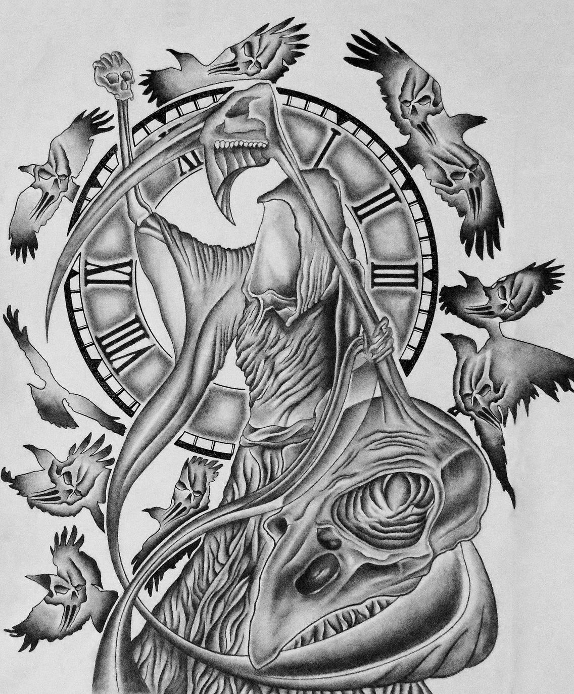 tattoodesign #tattoo #pencildrawing #crow #skull #skulldrawing #grimreaper  #clock #abstractart #abstract | leongoranidesigns | VSCO